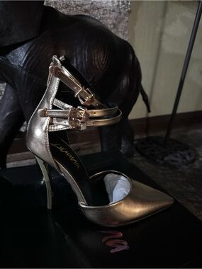Women's Metallic Gold Pointed-Toe Double-Ankle Strap Stiletto Heels